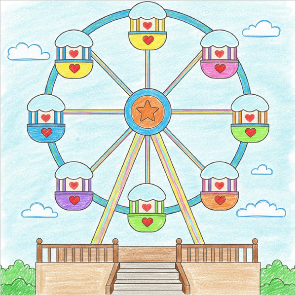 How to Draw a Ferris Wheel – Easy Step-by-Step Amusement Park Drawing for Kids