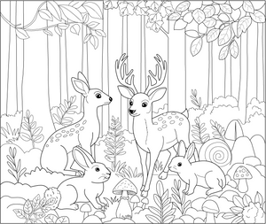 Forest Animal Gathering coloring page – printable animal drawing for children