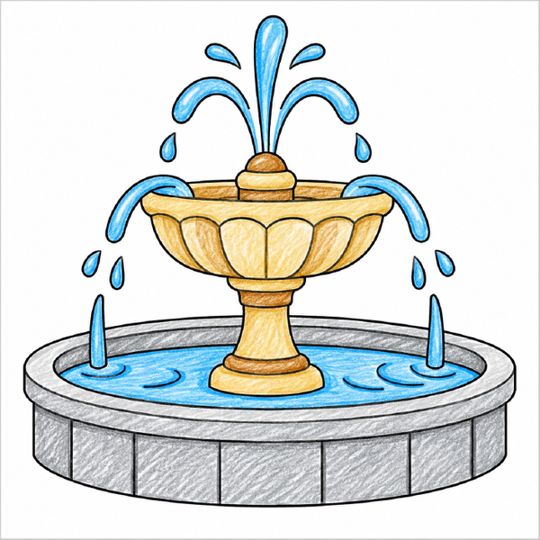 Easy fountain drawing for kids with simple shapes and clean lines.