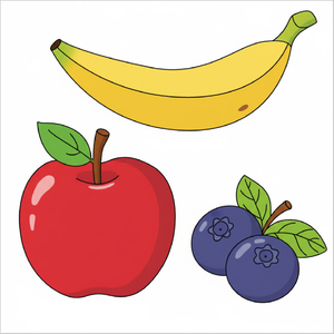 How to draw fruits step by step for kids, easy apple banana blueberry drawing tutorial, simple cute fruit sketch guide