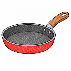 How to draw a frying pan step-by-step with easy drawing instructions for kids, showing the final frying pan drawing.