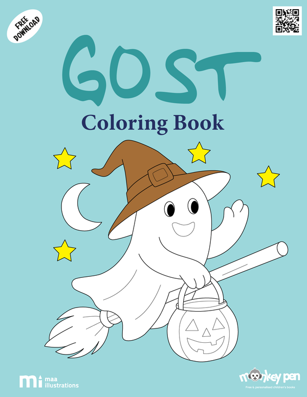 Ghost Coloring Book for kids featuring friendly ghosts, pumpkins, and moonlit night scenes, suitable for Halloween celebrations.