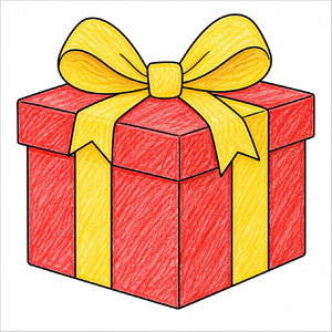 How to draw a gift box step-by-step with easy drawing instructions for kids, showing the final gift box drawing.