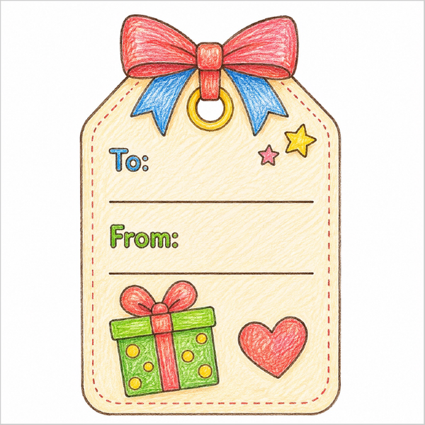 Step-by-step gift tag drawing tutorial for kids showing how to draw a gift tag with simple shapes and easy lines.