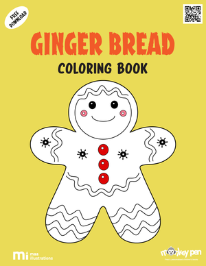 Free printable gingerbread colouring book for kids featuring a cute gingerbread man with icing and candy decorations, a festive Christmas PDF activity for children to colour.