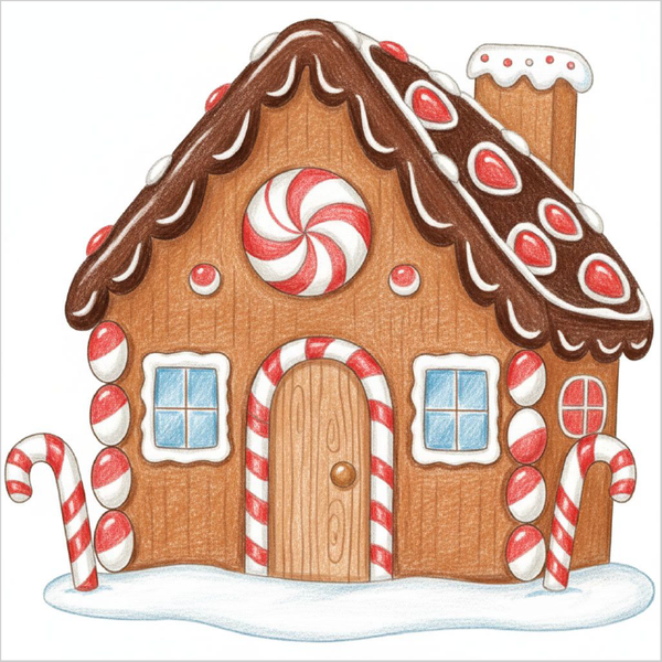 How to draw a gingerbread house easily for kids using basic shapes and festive holiday details.
