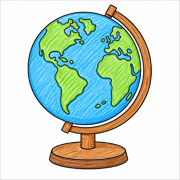 Simple globe drawing for kids with easy outlines for beginners.