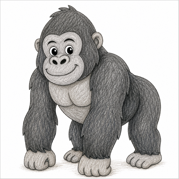 Step-by-step gorilla drawing tutorial for kids showing how to draw a gorilla with simple shapes and easy lines.
