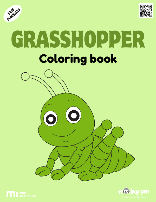 Grasshopper coloring book for children with leaping insects on leaves and flowers, an educational insect-themed PDF activity.
