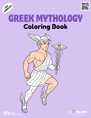 Greek Mythology coloring book for children featuring gods, goddesses, and heroic figures, a myth-inspired educational PDF activity.

