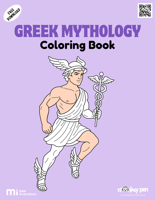Greek Mythology coloring book for children featuring gods, goddesses, and heroic figures, a myth-inspired educational PDF activity.
