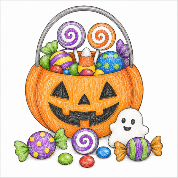 Step-by-step Halloween candy drawing tutorial for kids showing how to draw Halloween candy with simple shapes and easy lines.