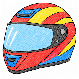 How to draw a helmet step-by-step with easy drawing instructions for kids, showing the final helmet drawing.