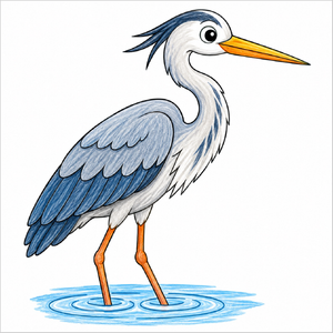 Step-by-step heron drawing tutorial for kids showing how to draw a heron with simple shapes, a long neck, long legs, and a pointed beak.