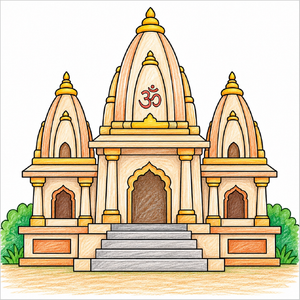Step-by-step Hindu temple drawing tutorial for kids showing how to draw a Hindu temple with simple shapes, domes, towers, and detailed architectural features.