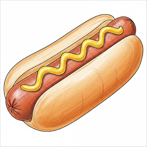 Easy hotdog illustration for children featuring bold lines and a fun food theme