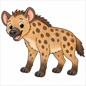 Step-by-step hyena drawing tutorial for kids showing how to draw a hyena with simple shapes and easy lines.