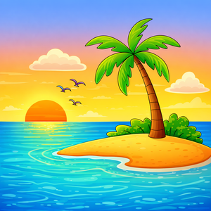 How to draw an island scenery step by step for kids, easy tropical landscape drawing tutorial, simple beach island sketch guide for beginners
