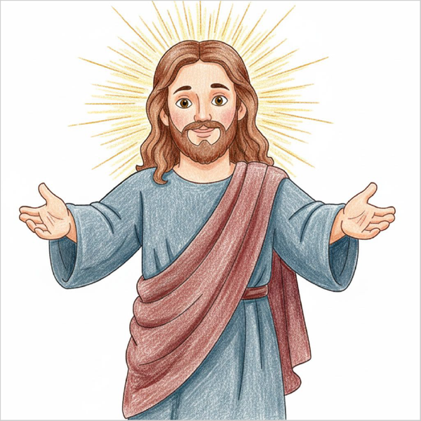 Completed Jesus drawing with soft robe folds and kind expression.
