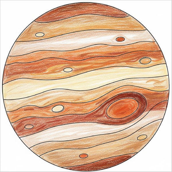 How to draw Jupiter step-by-step for kids in an easy planet drawing tutorial using simple shapes and lines.