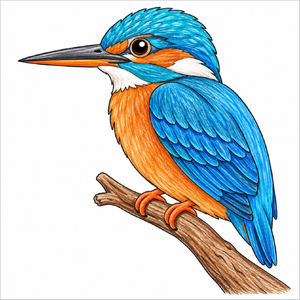 Step-by-step kingfisher drawing tutorial for kids showing how to draw a kingfisher with simple shapes, a long pointed beak, and detailed feathers.
