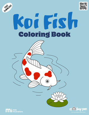 Koi fish colouring book for kids with elegant koi, lily pads, lotus flowers, and pond environments, a calming water-themed PDF activity.