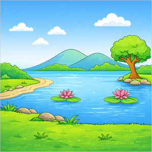 How to draw a lake scenery step by step for kids, easy nature landscape drawing tutorial, simple lake sketch guide for beginners