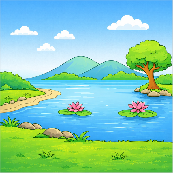 How to draw a lake scenery step by step for kids, easy nature landscape drawing tutorial, simple lake sketch guide for beginners