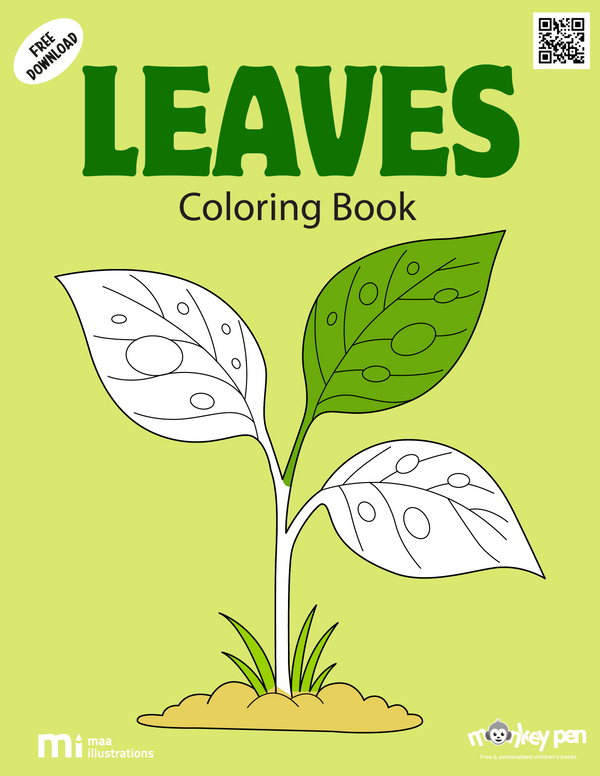 Leaf coloring book for children with oak, maple, and fern leaves, promoting observation and creativity in a nature-themed activity.
