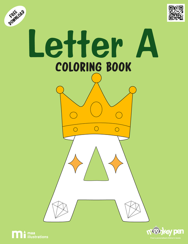 Letter A Coloring Book for children with alphabet practice and images like apples, ants, and airplanes, supporting early literacy.
