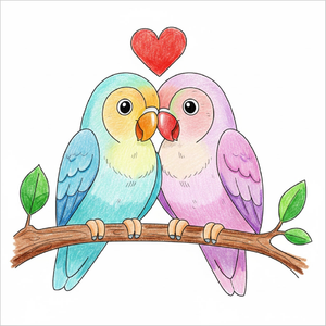 Step-by-step love birds drawing tutorial for kids showing how to draw two love birds with simple shapes and easy lines.