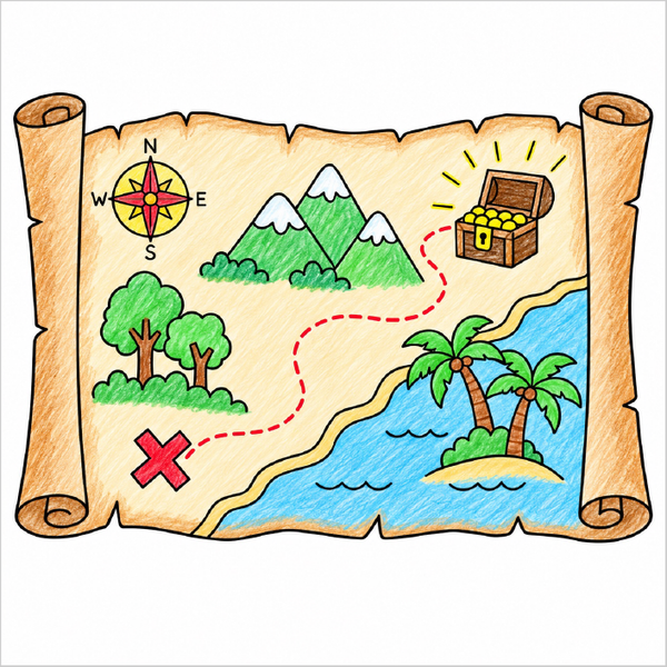 How to draw a map step-by-step with easy drawing instructions for kids, showing the final map drawing.