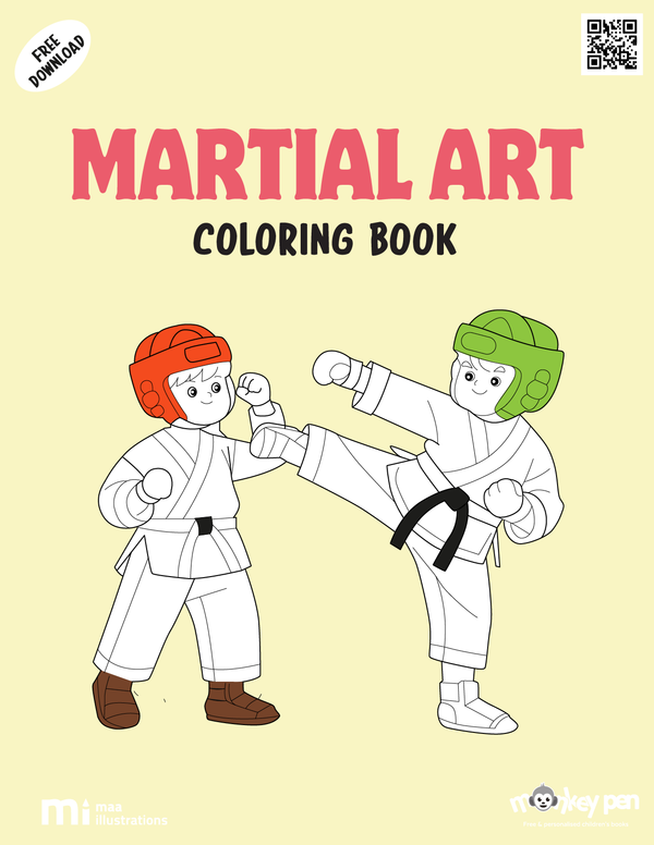 Martial Arts Coloring Book for children featuring kids performing martial arts moves, uniforms, and belts, promoting discipline and activity.