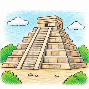 Step-by-step Mayan temple drawing tutorial for kids showing how to draw an ancient Mayan temple with simple shapes, stone steps, and detailed architectural features.