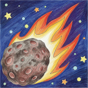 How to draw a meteor step-by-step for kids in a simple space drawing tutorial using basic shapes and lines.