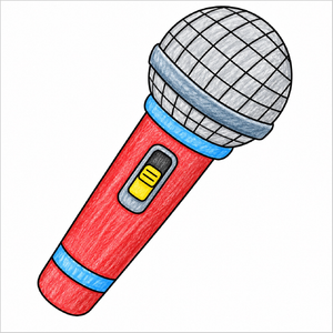 How to draw a microphone step-by-step with easy drawing instructions for kids, showing the final microphone drawing.