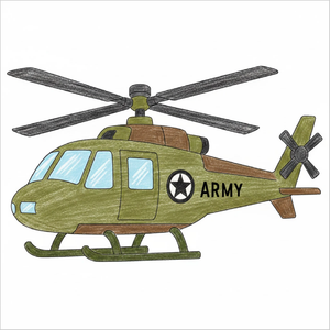 Step-by-step military helicopter drawing tutorial for kids showing how to draw a military helicopter with simple shapes and easy lines.