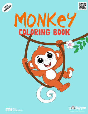 Monkey Coloring Book for kids showing monkeys swinging in the jungle, eating bananas, with lively rainforest backgrounds, designed for educational fun.