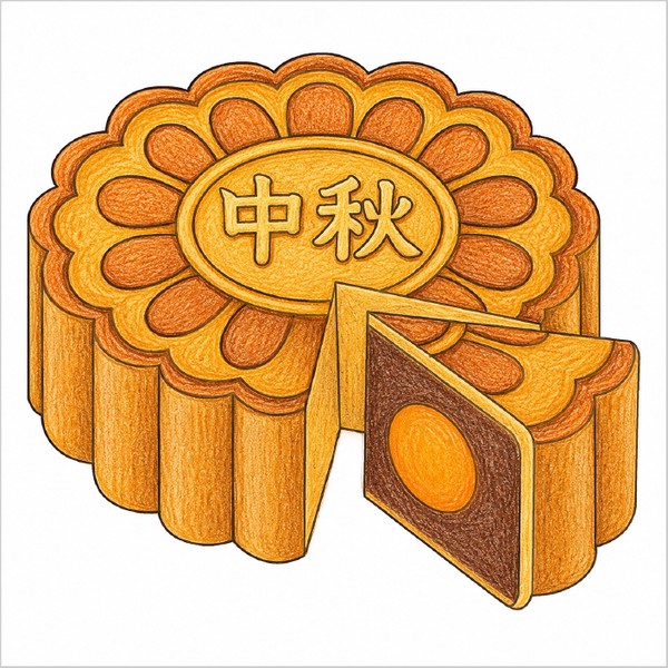 Step-by-step mooncake drawing tutorial for kids showing how to draw a traditional mooncake with simple shapes, decorative patterns, and detailed food features.