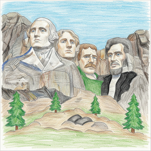 Step-by-step Mount Rushmore drawing tutorial for kids showing how to draw Mount Rushmore with simple shapes and easy lines.