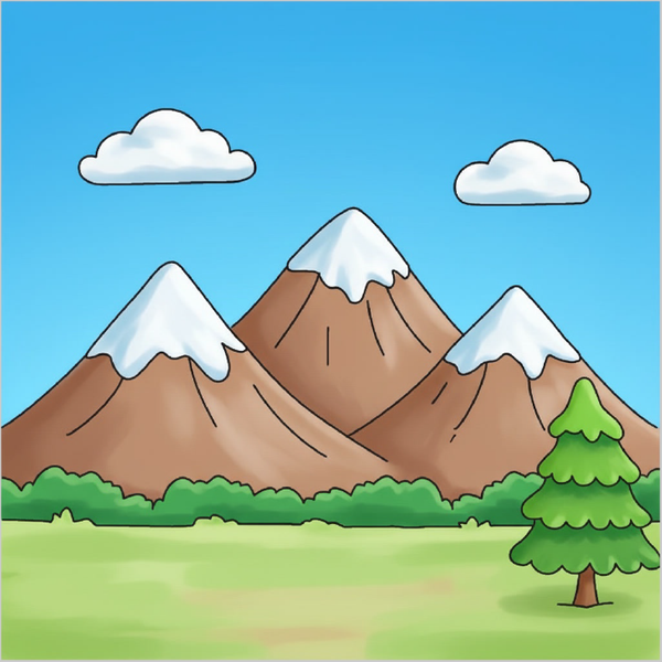 Easy mountain drawing for kids step by step, simple landscape sketch tutorial, beginner nature scenery drawing guide