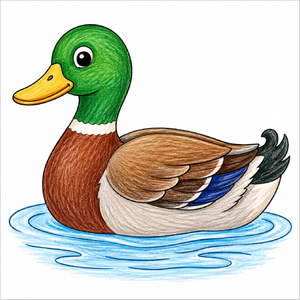Step-by-step mallard duck drawing tutorial for kids showing how to draw a mallard duck with simple shapes and easy lines.