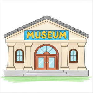 Step-by-step museum drawing tutorial for kids showing how to draw a museum building with simple shapes and easy lines.