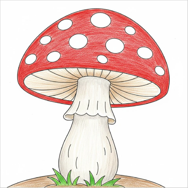 Beginner mushroom drawing tutorial using neat curved shapes.