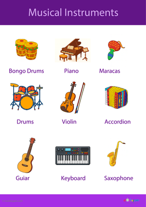 Printable chart of musical instruments for children with labeled images of string, percussion, wind, and brass instruments.