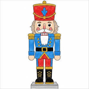 How to draw a nutcracker step-by-step for kids in an easy holiday character drawing tutorial using simple shapes and lines.