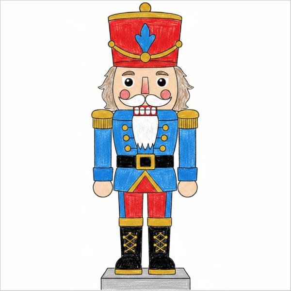 How to draw a nutcracker step-by-step for kids in an easy holiday character drawing tutorial using simple shapes and lines.