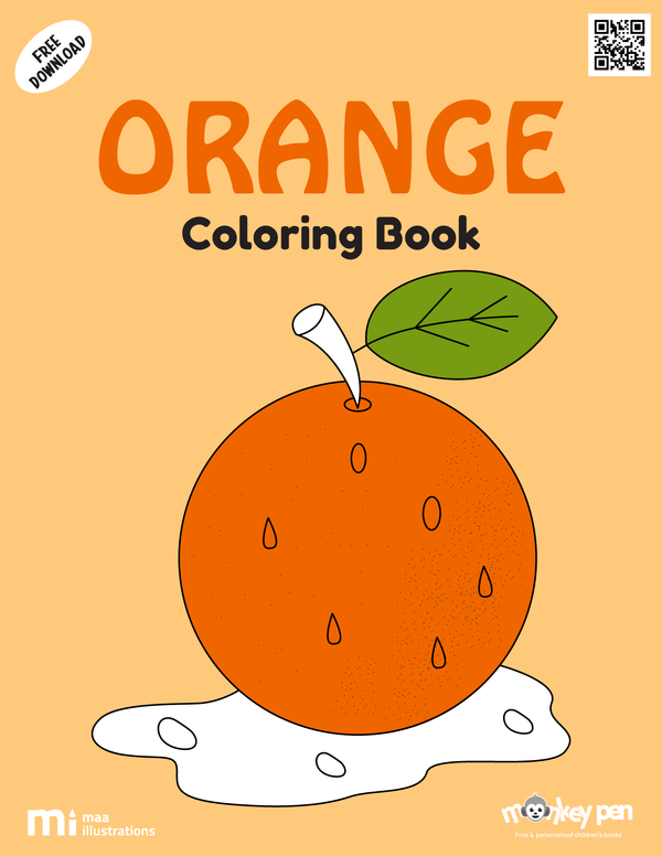 Orange coloring book for children featuring oranges on trees, slices, and baskets, a lively citrus-themed PDF activity.