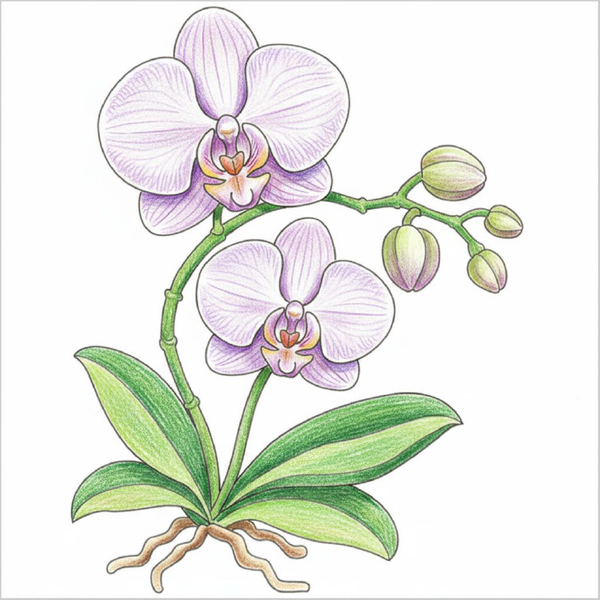 How to draw an orchid step-by-step for kids in an easy flower drawing tutorial using simple shapes and lines.