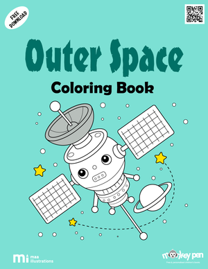 Outer space colouring book for kids with astronauts, rockets, planets, stars, and galaxies, a space adventure-themed PDF.